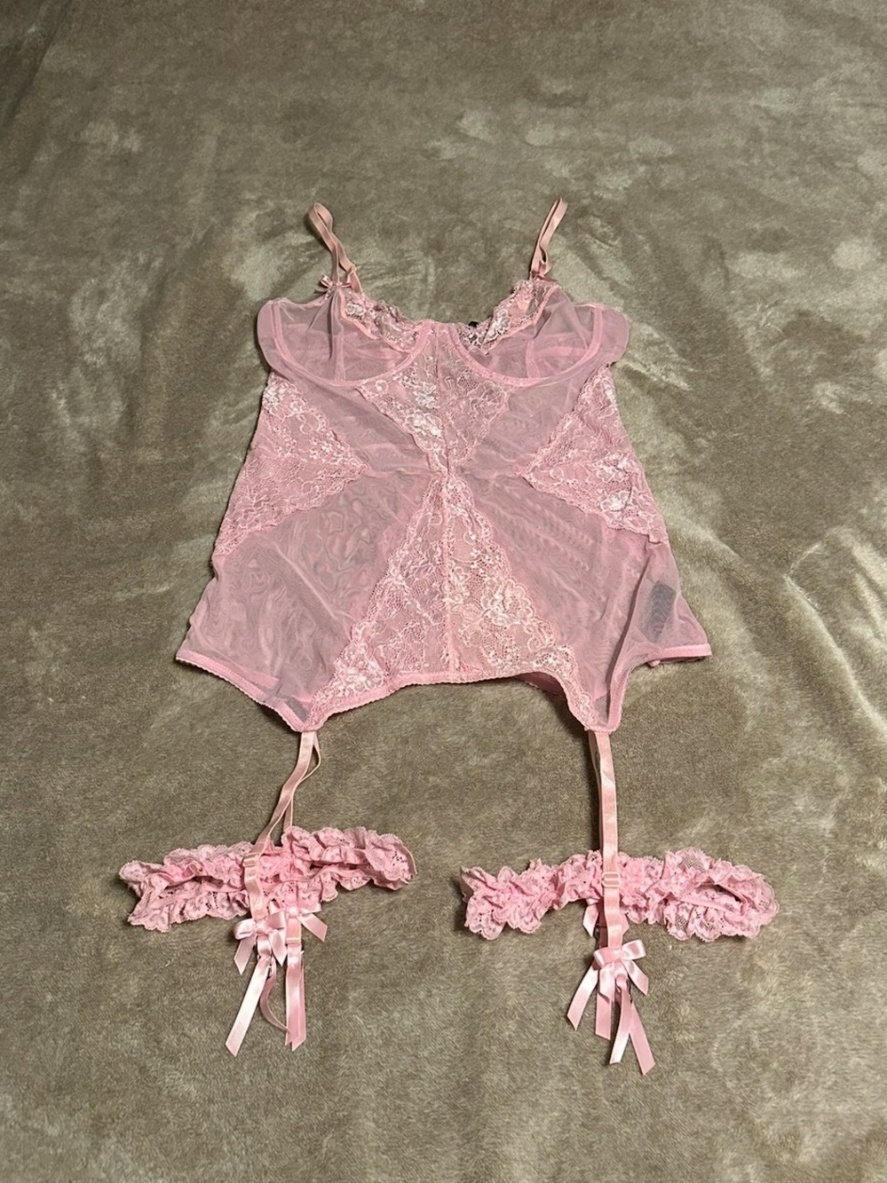 Widow Sheer Pink Lace Bustier Chemise with Garter Ruffles